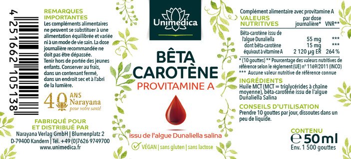 Gouttes de bêta-carotène - provitamine A naturelle  issue de l'Algue Dunaliella salina  hautement dosé - 50 ml - par Unimedica