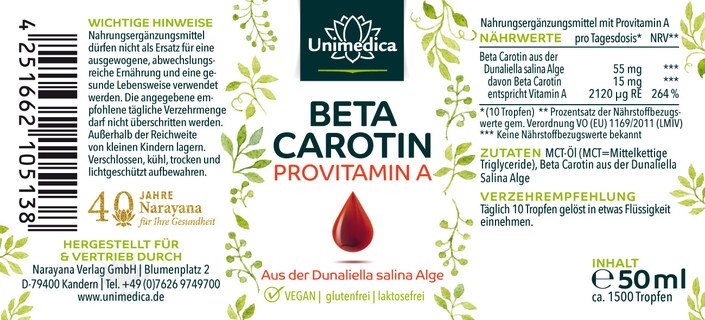 Beta Carotin Tropfen - natürliches Provitamin A aus der Dunaliella salina-Alge - 15 mg Beta-Carotin pro Tagesdosis (10 Tropfen) - hochdosiert - 50 ml - von Unimedica