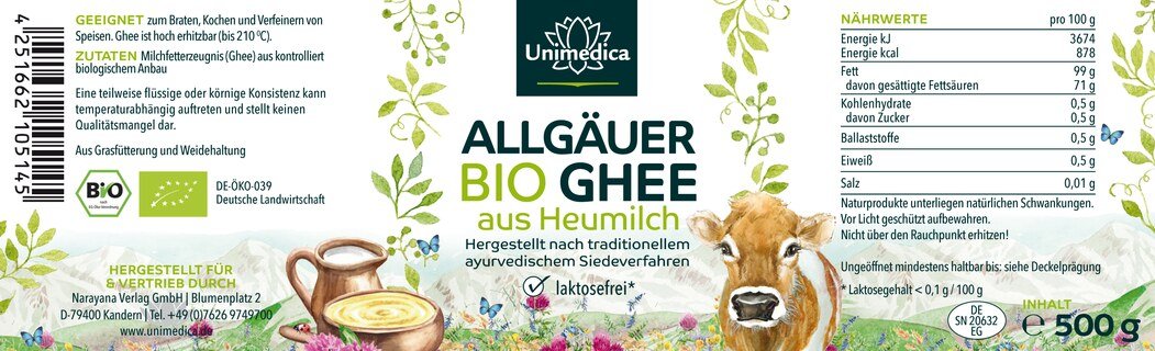 Ghee BIO  lait de foin de l'Allgäu  issu du pâturage et du fourrage à base d'herbe - 500 g - par Unimedica