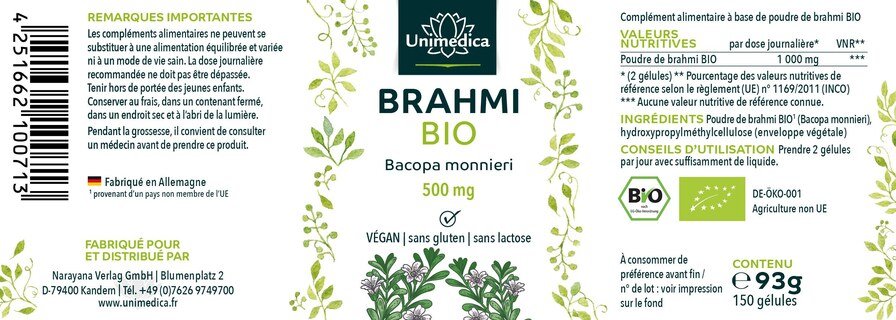 Lot de 2: Brahmi bio - 500 mg - 2 x 150 gélules - par Unimedica