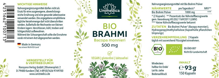 Lot de 2: Brahmi bio - 500 mg - 2 x 150 gélules - par Unimedica