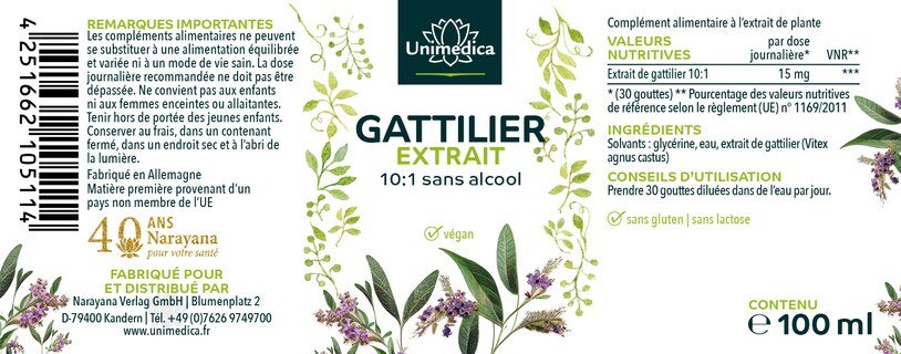 Gattilier - extrait liquide de plante - sans alcool - 15 mg par dose journalière (30 gouttes) - 100 ml - gouttes - par Unimedica