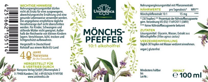 Mönchspfeffer - flüssiger Pflanzenextrakt - alkoholfrei - 15 mg pro Tagesdosis (30 Tropfen) - 100 ml - Tropfen - von Unimedica