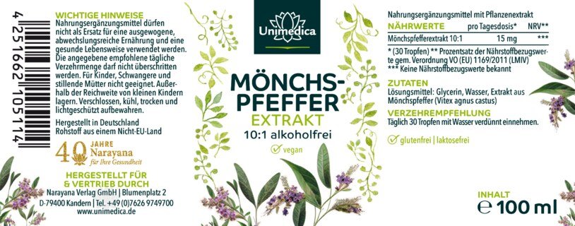 Mönchspfeffer - flüssiger Pflanzenextrakt - alkoholfrei - 15 mg pro Tagesdosis (30 Tropfen) - 100 ml - Tropfen - von Unimedica