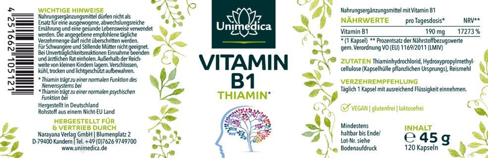 Vitamine B1 - thiamine - 190 mg par dose journalière (1 gélule) - 120 gélules - par Unimedica