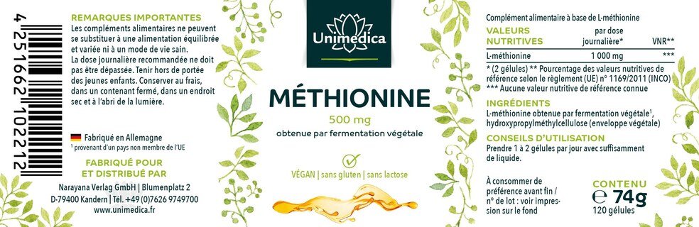 Lot de 2: Méthionine - 500 mg par fermentation - 2 x 120 gélules - par Unimedica
