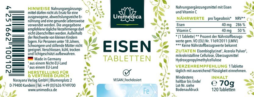 Sparset: Vegan Komplett - Eisen Bisglycinat 40 mg mit 40 mg Vitamin C UND Vitamin B12 mit Folat - 180 Tabletten UND Vegane Omega 3 Algenöl Tropfen mit DHA, EPA und DPA - 50 ml - von Unimedica