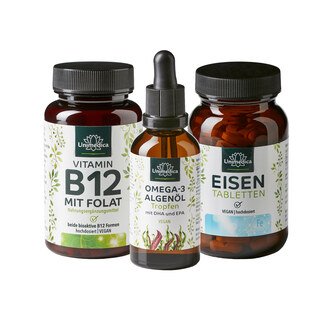 Vegan Komplett - Eisen Bisglycinat 40 mg mit 40 mg Vitamin C UND Vitamin B12 mit Folat - 180 Tabletten UND Omega 3 Algenöl Tropfen mit DHA & EPA - 50 ml von Unimedica/ Vegan Komplett - Eisen Bisglycinat 40 mg mit 40 mg Vitamin C UND Vitamin B12 mit Folat - 180 Tabletten UND Omega 3 Algenöl Tropfen mit DHA & EPA - 50 ml von Unimedica/