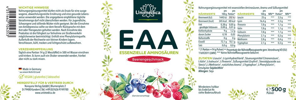 Set: EAA - Essential Amino Acids - Berry-Flavored Powder - 500 g + Unimedica Protein Shaker - 500 ml - by Unimedica