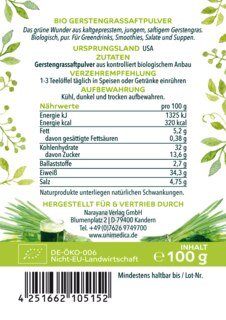 Bio Gerstengrassaft Pulver - Rohkostqualität aus frisch gepresstem Saft - kaltgepresst - naturrein - 100 g - von Unimedica