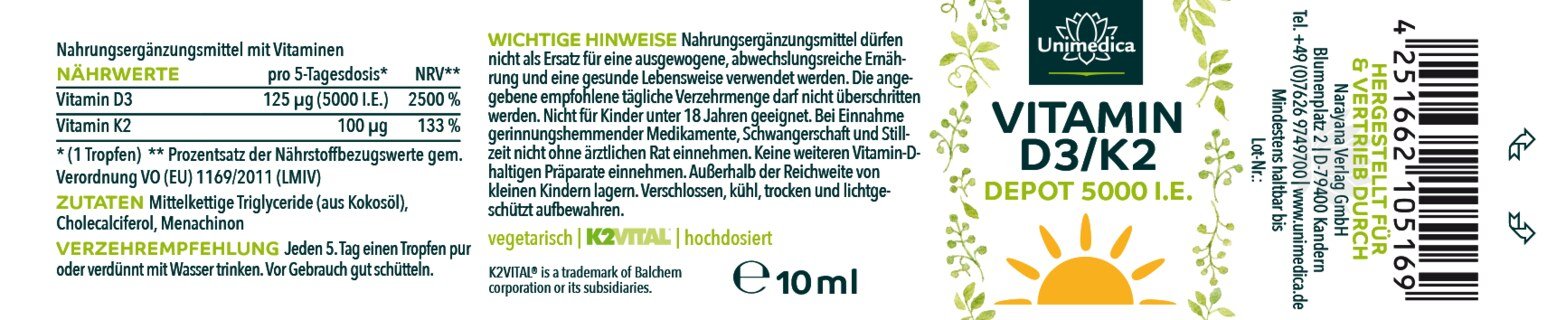 Vitamin D3 / K2 5000 I.E. - DEPOT - K2VITAL® - 125 µg D3 und 100 µg K2 pro 5-Tagesdosis (1 Tropfen) - 10 ml - von Unimedica