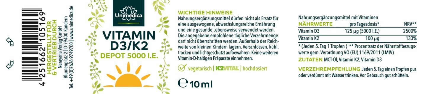 Vitamin D3 / K2 5000 I.E. - DEPOT - K2VITAL® - 125 µg D3 und 100 µg K2 pro 5-Tagesdosis (1 Tropfen) - 10 ml - von Unimedica