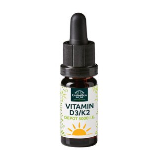 Vitamin D3 / K2 5000 I.E. - DEPOT - K2VITAL® - 125 µg D3 und 100 µg K2 pro 5-Tagesdosis (1 Tropfen) - 10 ml - von Unimedica