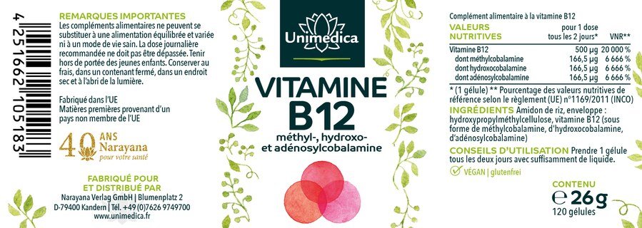 Vitamine B12 - 500 µg de vitamine B12 par dose tous les 2 jours (1 gélule) - 120 gélules - par Unimedica