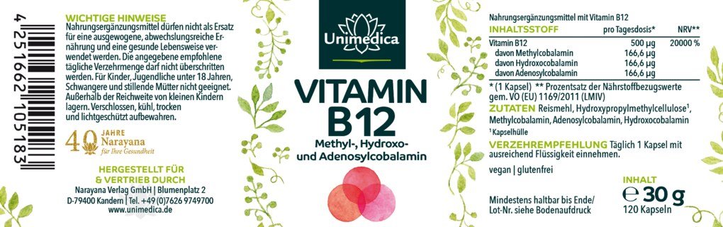 Vitamin B12 mit 3 Cobalamin-Formen - 500 µg pro Tagesdosis (1 Kapsel) - 120 Kapseln - von Unimedica