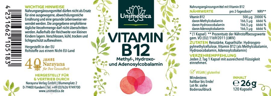 Vitamin B12 mit 3 Cobalamin-Formen 500 µg pro 2-Tagesdosis (1 Kapsel) - 120 Kapseln - von Unimedica