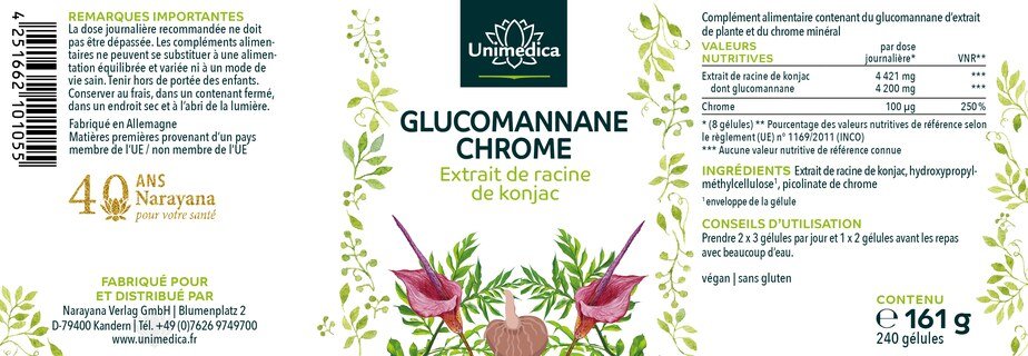 Lot de 2: Gélules minceur - glucomannane + chrome - avec 4200 mg d'extrait de racine de konjac + chrome - 180 gélules - par Unimedica