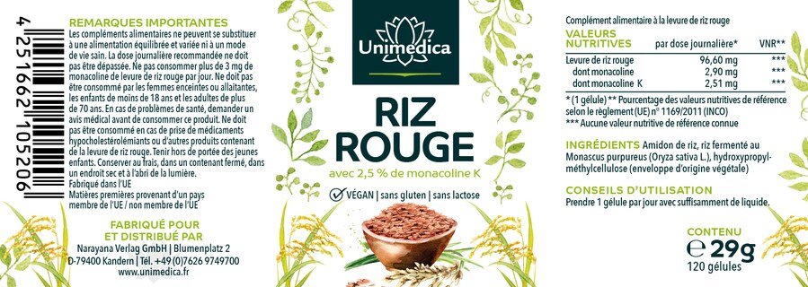 Riz rouge - levure de riz rouge obtenue par fermentation naturelle - avec 2,51 mg de monacoline K par dose journalière (1 gélule) - 120 gélules - par Unimedica