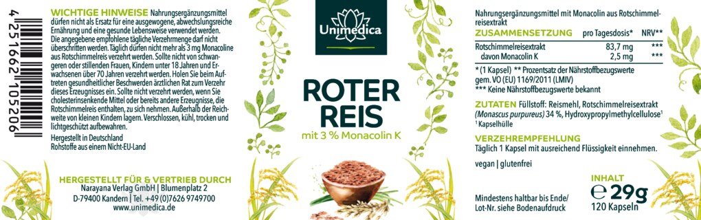 Roter Reis - Rotschimmelreis aus natürlicher Fermentation - mit 2,51 mg Monacolin K pro Tagesdosis (1 Kapsel) - 120 Kapseln - von Unimedica