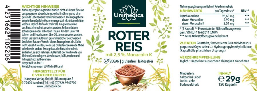 Roter Reis - Rotschimmelreis aus natürlicher Fermentation - mit 2,51 mg Monacolin K pro Tagesdosis (1 Kapsel) - 120 Kapseln - von Unimedica