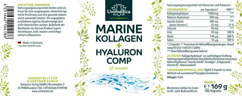 Set: Marine Collagen + Hyaluronan Comp  with fish collagen, vitamins and minerals   2 x 180 capsules  from Unimedica