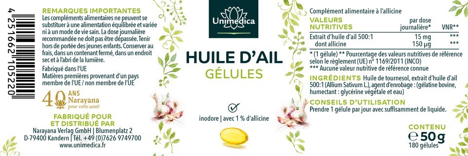 Gélules softgel d'huile d'ail  concentration 500:1 - 15 mg d'extrait d'huile d'ail par dose journalière (1 gélule) - 180 gélules - par Unimedica