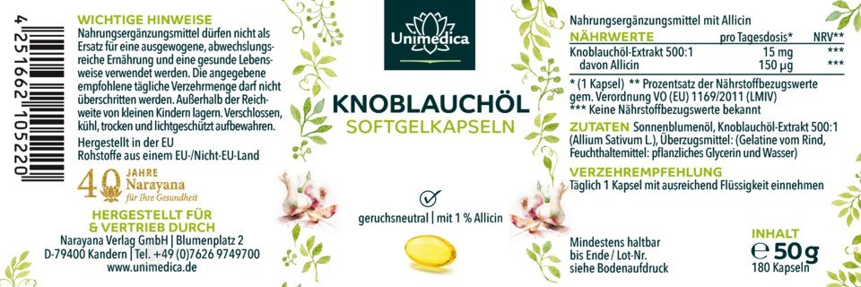 Knoblauchöl Softgelkapseln - 500 : 1 konzentriert - 15 mg Knoblauchöl-Extrakt pro Tagesdosis (1 Kapsel) - 180 Kapseln - von Unimedica
