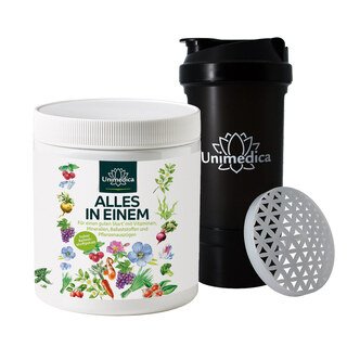 Set: TOUT EN UN - Vitamines + Minéraux + Fibres + Substances Végétales de haute qualité dans un complexe + shaker de protéine - 500 ml - par Unimedica/