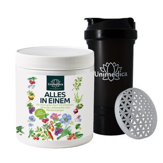 Sparset: ALLES IN EINEM - Vitamine + Mineralstoffe + Ballaststoffe + hochwertige Pflanzenstoffe in einem Komplex + Unimedica Protein Shaker - 500 ml - von Unimedica/