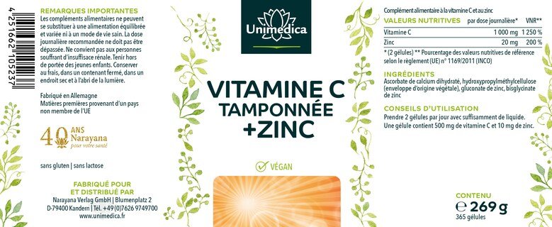 Vitamine C tamponnée + zinc - 1 000 mg de vitamine C et 20 mg de zinc par dose journalière (2 gélules) - 365 gélules - par Unimedica