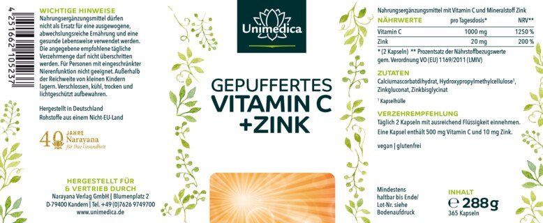 Vitamin C - gepuffert und mit Zink - 1.000 mg Vitamin C und 20 mg Zink pro Tagesdosis (2 Kapseln) - 365 Kapseln - von Unimedica