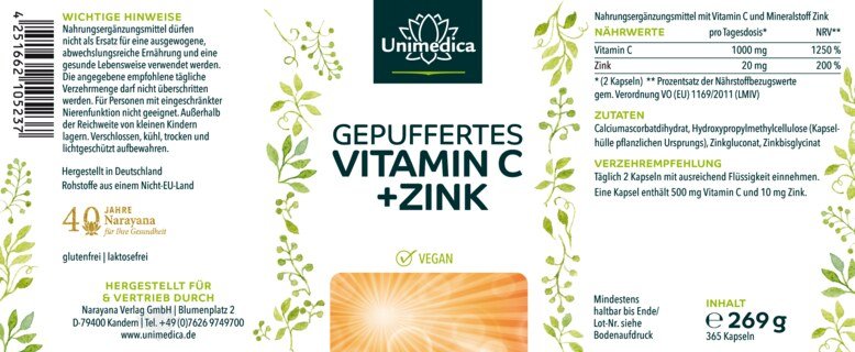 Vitamine C tamponnée + zinc - 1 000 mg de vitamine C et 20 mg de zinc par dose journalière (2 gélules) - 365 gélules - par Unimedica