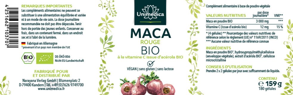 Lot de 2: Maca rouge BIO - avec vitamine C de l'acérola bio - 2 x 180 gélules - par Unimedica