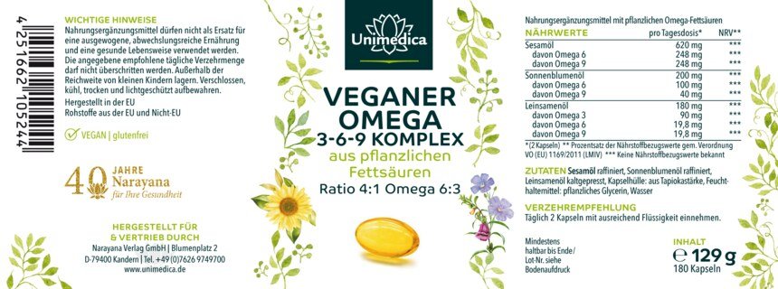Complexe végan Oméga 3-6-9 - composé d'acides gras oméga d'origine végétale - 180 gélules softgel - végan - par Unimedica