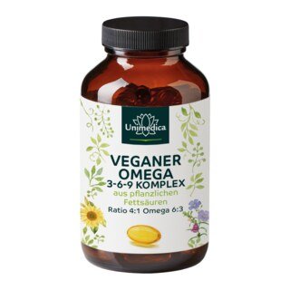 Veganer Omega 3-6-9 Komplex - aus pflanzlichen Omega-Fettsäuren - 180 Softgelkapseln - vegan - von Unimedica/