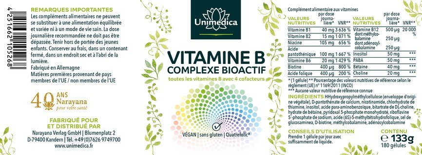 Complexe vitamine B  bioactif  avec 4 cofacteurs  hautement dosé  180 gélules  par Unimedica