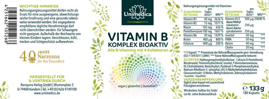 Vitamin B Komplex - bioaktiv - mit 4 Kofaktoren - hochdosiert - 180 Kapseln - von Unimedica
