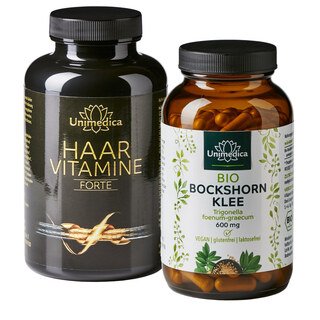 Sparset: Haarvitamin Kraftpaket - Haarvitamine forte - 180 Kapseln UND Bio Bockshornklee - 2.400 mg pro Tagesdosis - hochdosiert - 180 Kapseln von Unimedica
