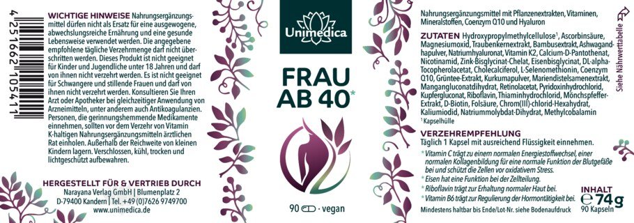 Frau ab 40* - Komplex mit Coenzym Q10, Hyaluron und OPC - 90 Kapseln - von Unimedica