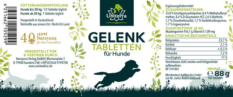 Joint Tablets for Dogs  with green-lipped mussel, MSM, glucosamine and chondroitin  supplementary animal food  100 tablets  from Uniterra