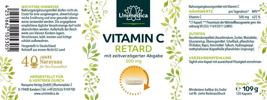 Vitamin C RETARD  with time-delay release - 500 mg per daily dose (1 capsule) - 120 capsules - from Unimedica