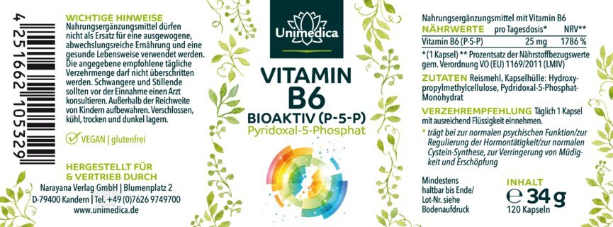 Vitamin B6 BIOAKTIV - Pyridoxal-5-Phosphat (P-5-P) - 25 mg pro Tagesdosis (1 Kapsel) - hochdosiert - 120 Kapseln - von Unimedica