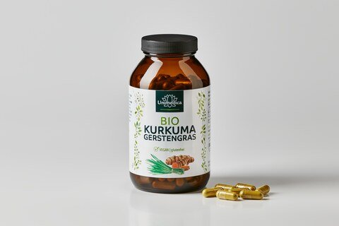 Bio Kurkuma - mit Bio Gerstengras aus Deutschland - 2.700 mg Bio Kurkuma und 1.500 mg Bio Gerstengras pro Tagesdosis (6 Kapseln) - 240 Kapseln - von Unimedica