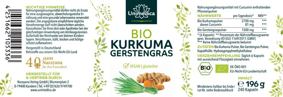 Organic Turmeric  with Organic Barley Grass from Germany - 2700 mg organic turmeric and 1500 mg organic barley grass per daily dose  (6 capsules) - 240 capsules - from Unimedica