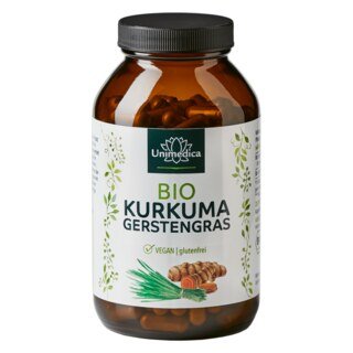 Bio Kurkuma - mit Bio Gerstengras aus Deutschland - 2.700 mg Bio Kurkuma und 1.500 mg Bio Gerstengras pro Tagesdosis (6 Kapseln) - 240 Kapseln - von Unimedica/