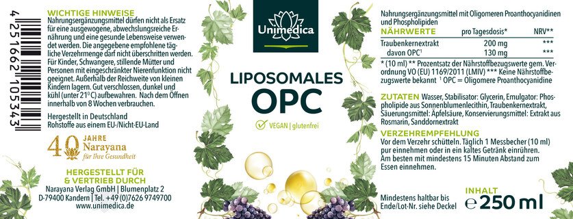 Liposomales OPC - 130 mg pro Tagesdosis (10 ml) - 250 ml - Sonderangebot wegen kurzem MHD - von Unimedica