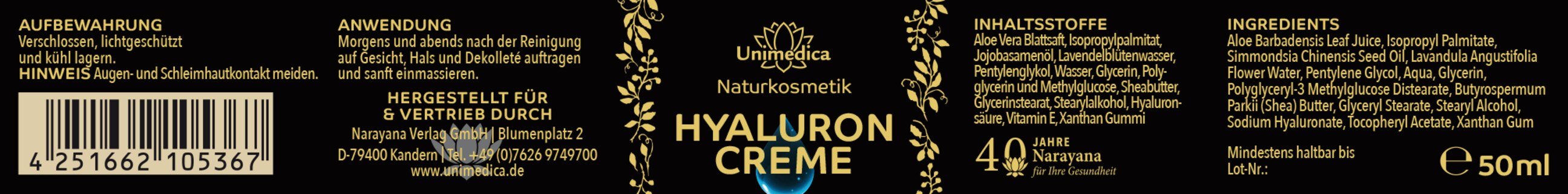 Hyaluron Creme - mit Aloe vera-Blattsaft, Hyaluronsäure und Lavendel - 50 ml - von Unimedica