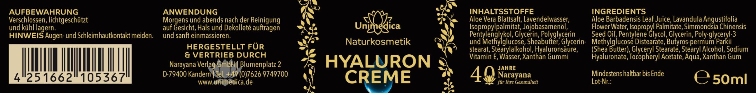 Crème à l'acide hyaluronique - au jus de feuilles d'aloe vera, à l'acide hyaluronique et à la lavande - 50 ml - par Unimedica