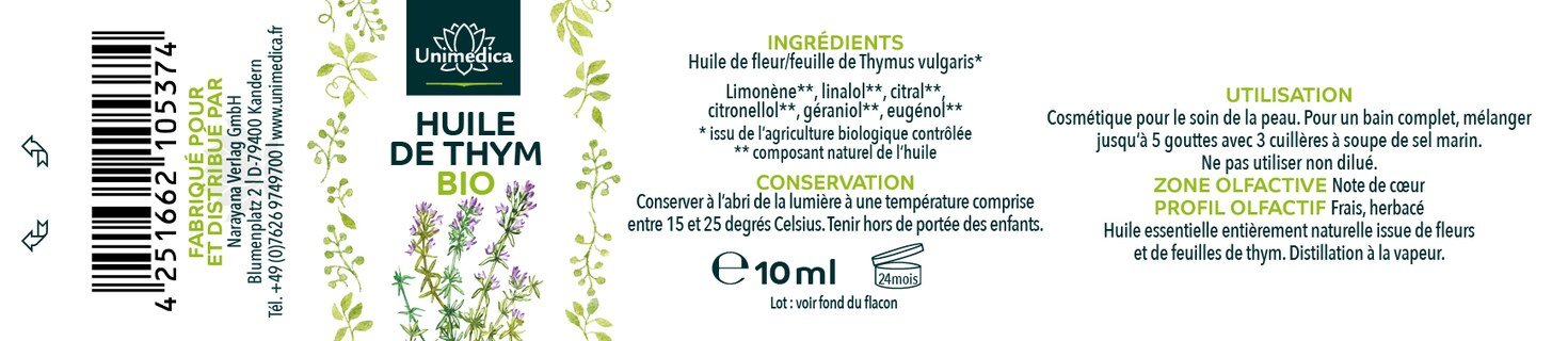 Huile de thym BIO  huile essentielle 100 % naturelle - 10 ml - par Unimedica