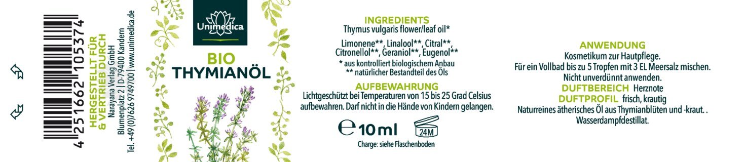 Bio Thymianöl - 100 % naturreines ätherisches Öl - 10 ml - von Unimedica